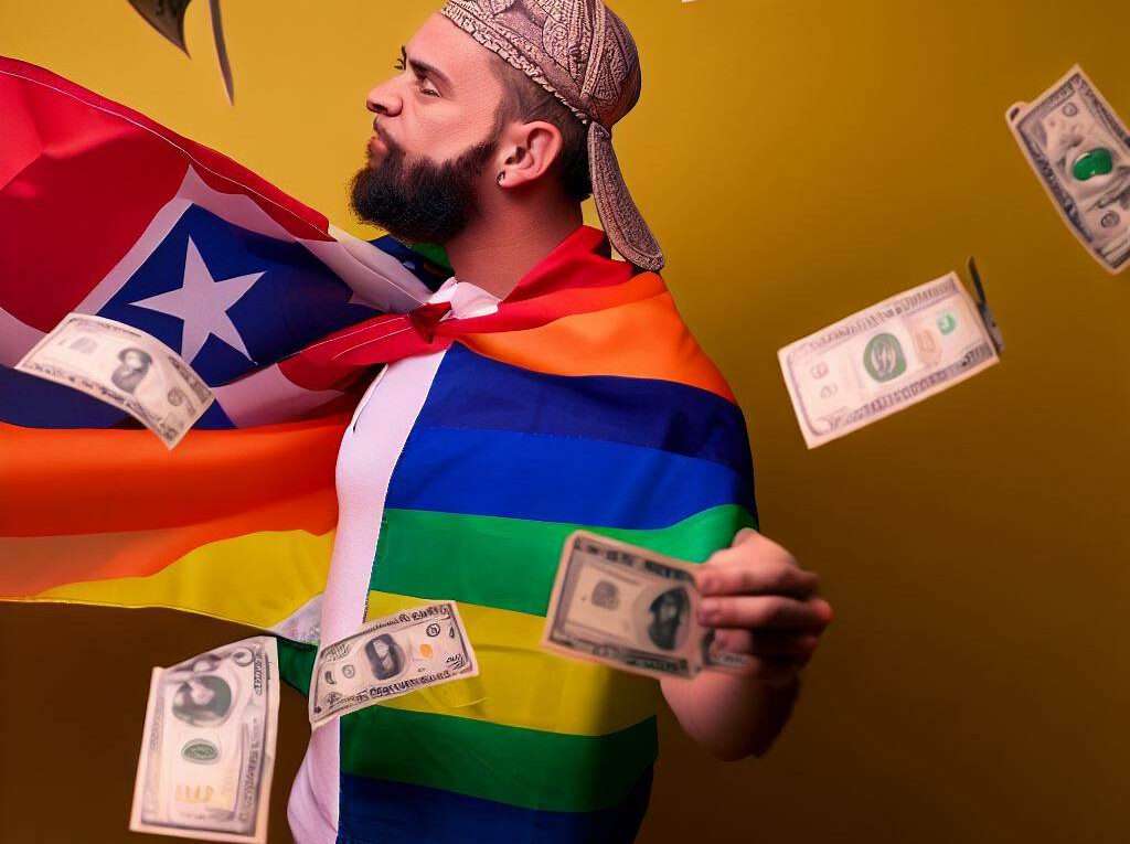 Ein Südländer mit einer Regenbogenfahne, der mit Geldscheinen um sich wirft