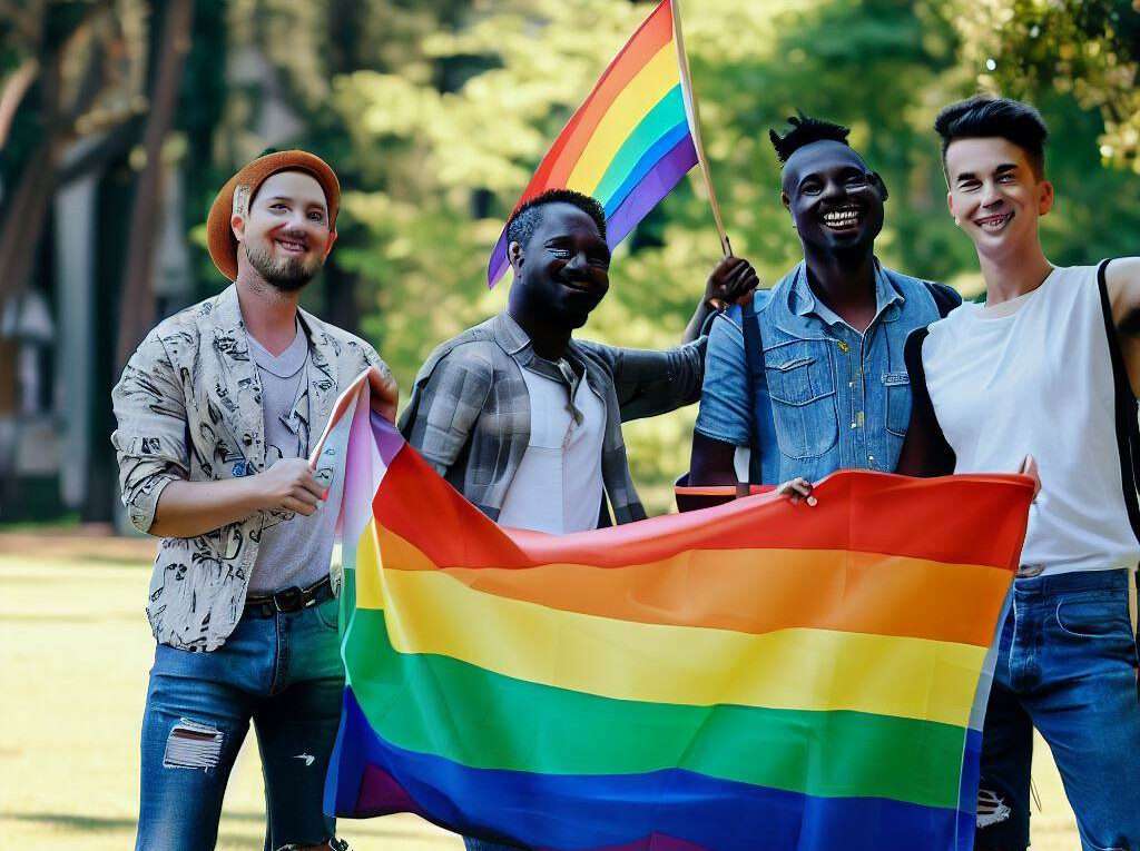 Eine Gruppe männlicher Südländer im Park, die eine Regenbogenflagge halten 2