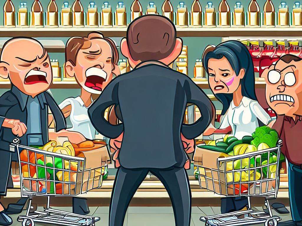 Lebensmittelmarkt mit wütenden Kunden zeigt