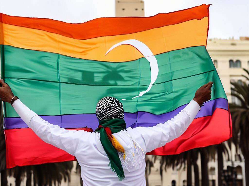 ein Nordafrikaner hält eine Regenbogenfahne 3 xx
