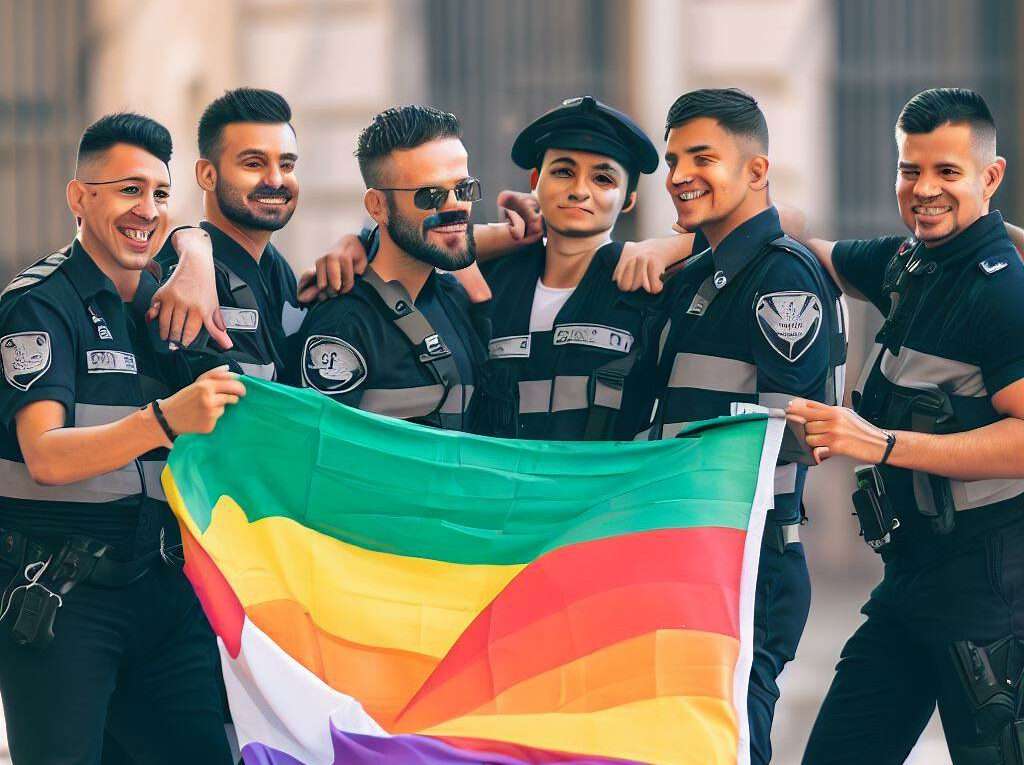 migrantische Polizeibeamte feiern mit einer Regenbogenfahne