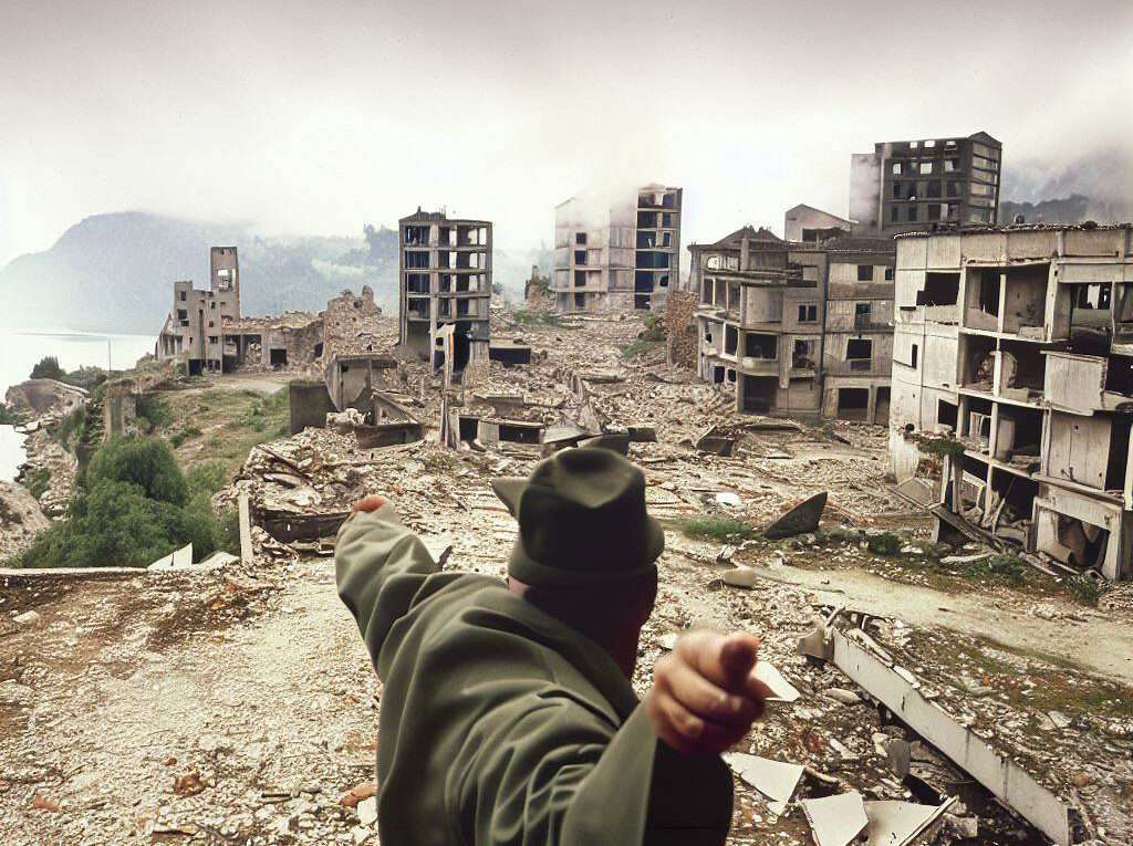 Eine zerstörte Stadt in Jugoslawien von 1991